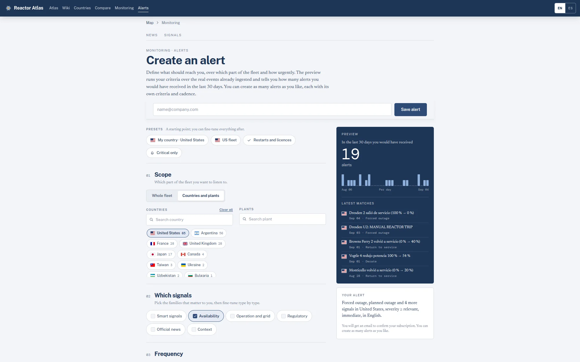 The Reactor Atlas nuclear alert builder: email field, fleet and country scope, signal types, and a thirty-day preview of matches including recent US unit trips, derates and returns to service.