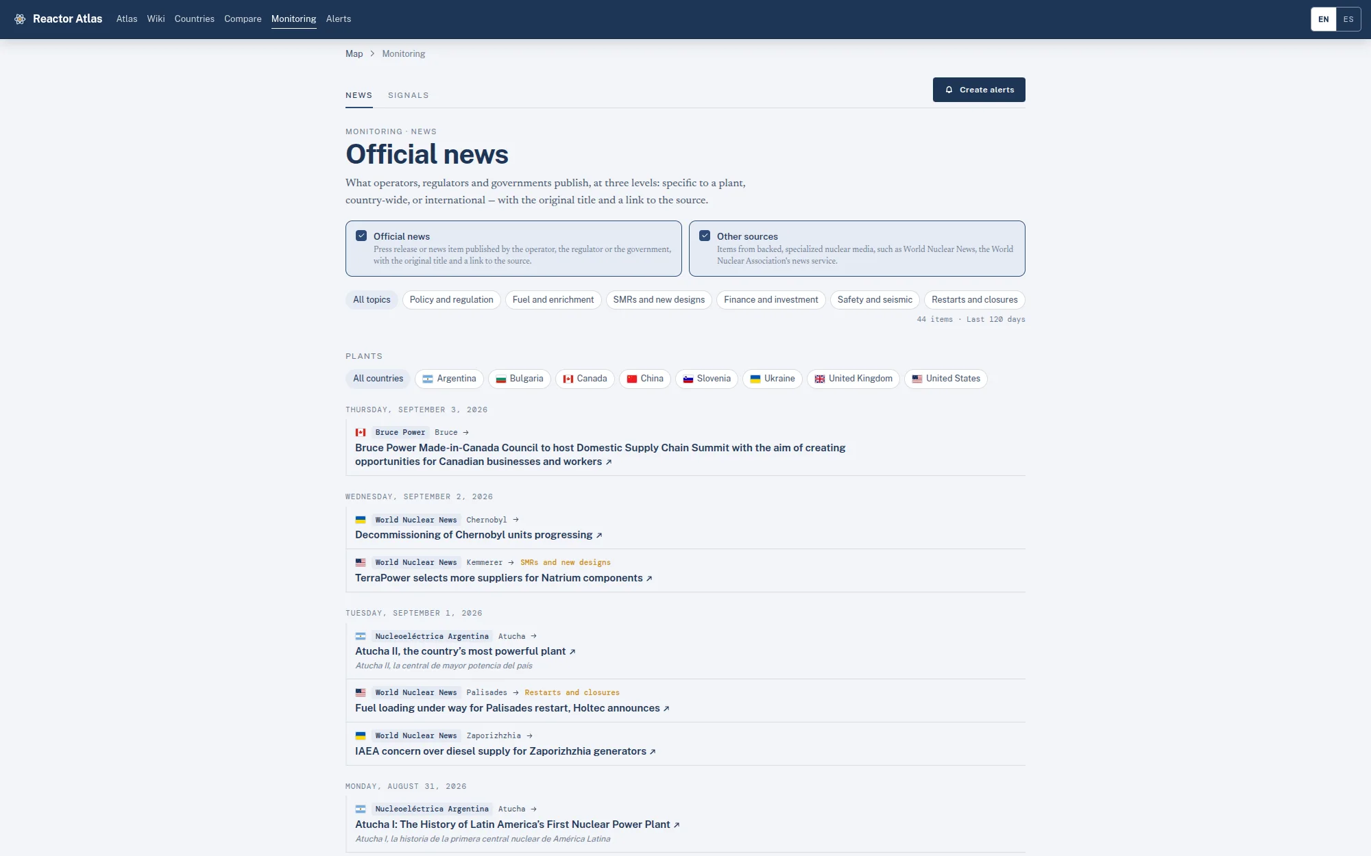 The Reactor Atlas nuclear news feed: filters for official and specialist sources, topic chips, country flags, and recent releases from operators and nuclear media.